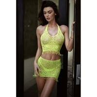 Eyelash Lace 3 Pc Crop, Skirt/Thong OS
