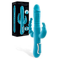 Adam & Eve THRUSTING TRIPLE JOY RABBIT Teal 25.4 cm USB Rechargeable Rabbit Vibrator with Anal Probe