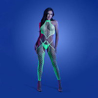 Glow High Voltage High Neck Bodystocking/ G String Panty Glow In Dark OS