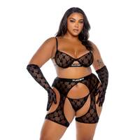 Playboy Flocked Bunny Chaps 3 Pc Set  Black 