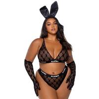 Playboy Flocked Bunny 2 Pc Lingerie Set Black 