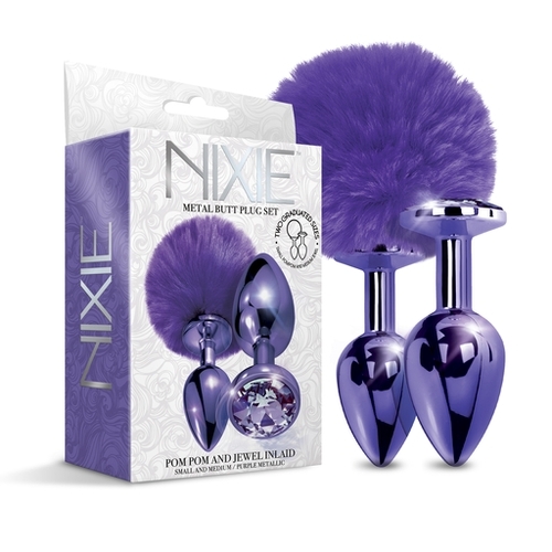 NIXIE Metal Butt Plug Set, Pom Pom and Jewel Inlaid, Purple Metallic