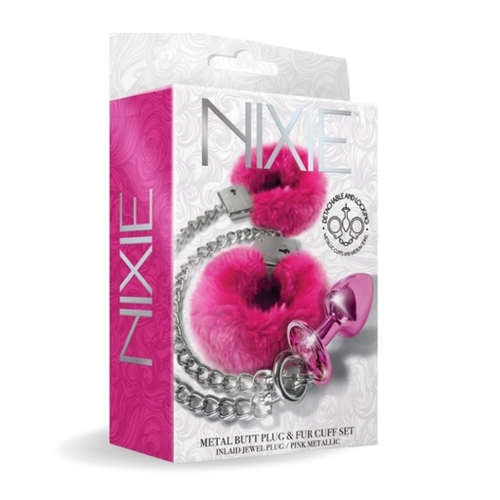 NIXIE Metal Butt Plug & Cuff Set Metallic Pink