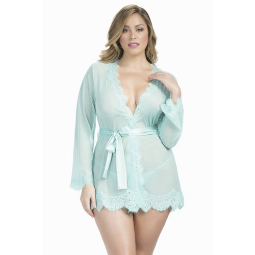 Eyelash Lace Robe And G-String Turquoise