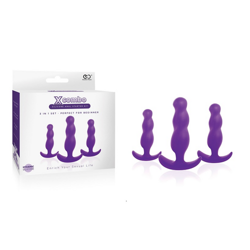 X COMBO SILICONE BUTT PLUG  3PC SET PURPLE