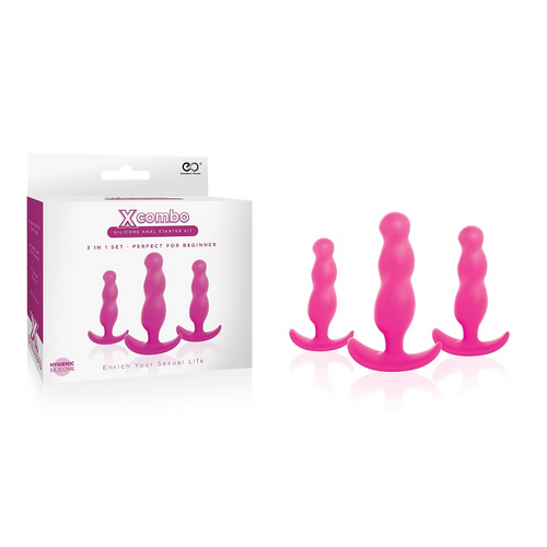 X COMBO SILICONE BUTT PLUG  3PC SET PINK