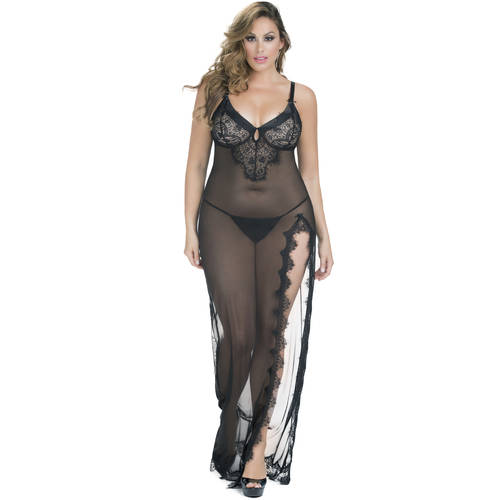 Gown w/ Lace Detail & G-String Black