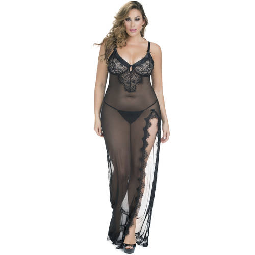 Gown With Lace Detail And G-String Black