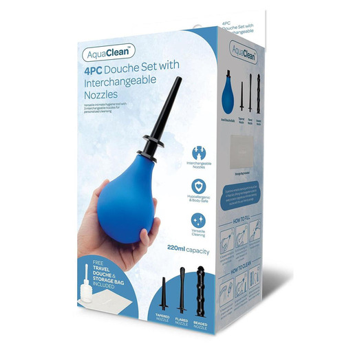 Aquaclean 4 Piece Douche Set With Interchangeable Nozzles 220ml Capacity With Free Travel Douche Included