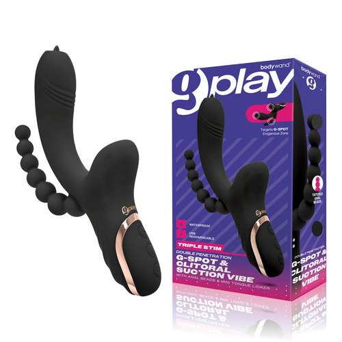 Bodywand G-Play G-Spot & Clitoral Suction Vibe Black 22 cm USB Rechargeable Vibrator with Anal Beads & Mini Tongue Licker