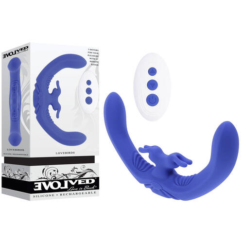 Evolved LOVEBIRDS Purple 20.8 cm USB Rechargeable Double-Ended Rabbit Vibrator with Remote