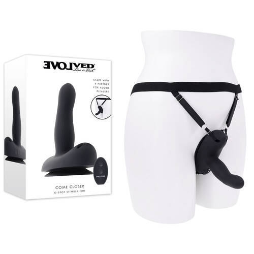 Evolved COME CLOSER Black USB Rechargeable Vibrating Strap-On with Remote