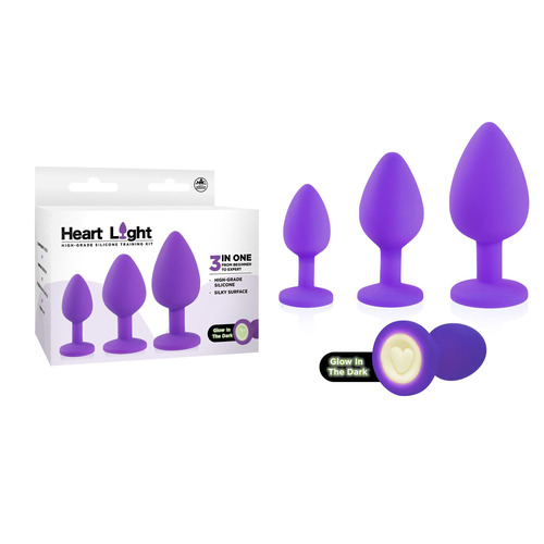 Heart Light - Purple Purple Butt Plugs with Glow in Dark Bases - Set of 3 Sizes