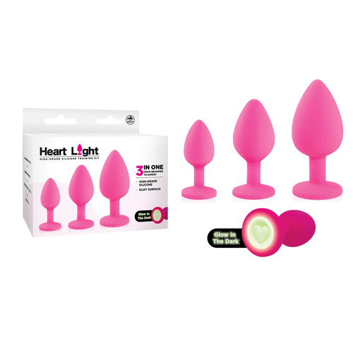 Heart Light - Pink Pink Butt Plugs with Glow in Dark Bases - Set of 3 Sizes