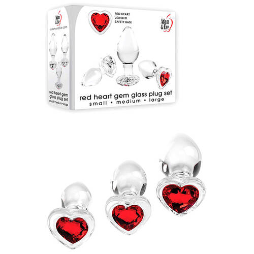 Adam & Eve RED HEART GEM GLASS PLUG SET Clear Glass Butt Plugs - Set of 3 Sizes