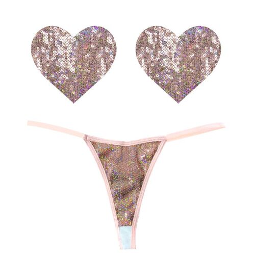Bubbly Feels Nude Sequin Pantie/Heart Pastie Set OS