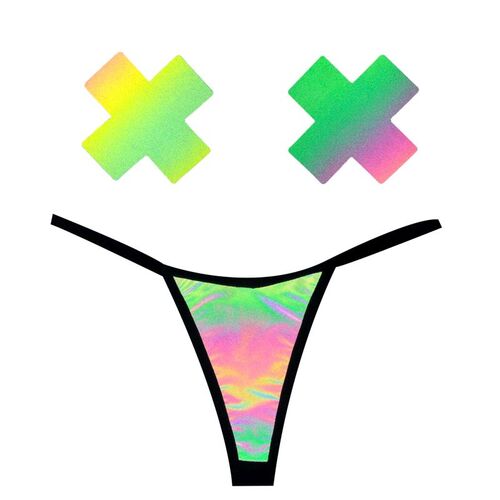 Rainbow Reflective G-String/X Pastie Set OS