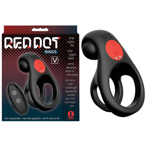 Red Dot Rings - V2 Black USB Rechargeable Vibrating Cock & Ball Ring with Remote
