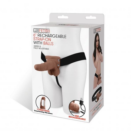 Lux Fetish 6" Rechargeable Strap-on With Balls - Brown