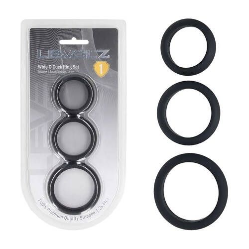 LEVELZ Wide O Silicone Cock Ring Set of 3 - S/M/L Black Cock Rings - Set of 3 Sizes