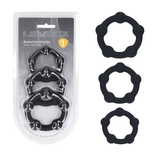 LEVELZ Beaded Silicone Cock Ring Set of 3 - Black Black Cock Rings - Set of 3 Sizes