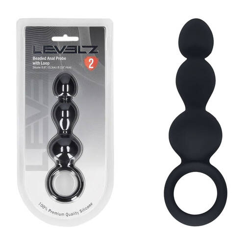 LEVELZ Beaded Silicone Anal Probe with Loop Black 15.3 cm Beaded Anal Plug