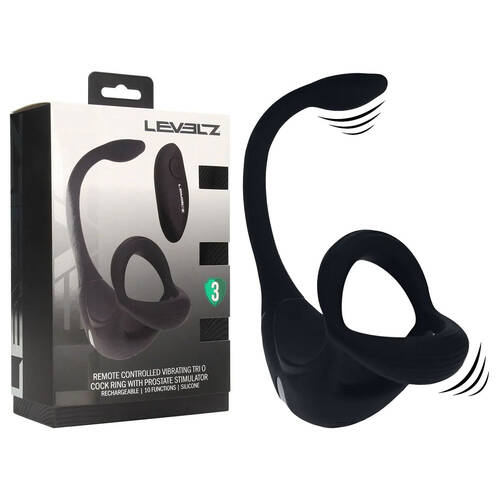LEVELZ Remote Controlled Vibrating TriO Cock Ring with Prostate Stimulator Black USB Rechargeable Vibrating Cock Ring with Anal Plug