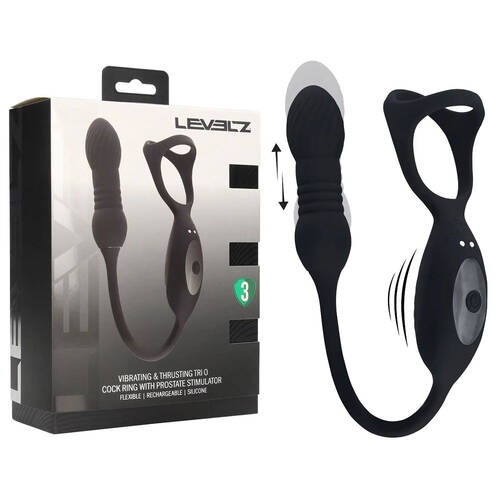 LEVELZ Vibrating & Thrusting TriO Cock Ring with Prostate Stimulator Black USB Rechargeable Vibrating Cock Ring with Thrusting Prostate Plug