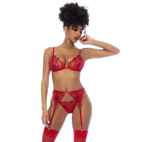 Red 3 Pc Set w/ Bralette, Garter Belt/Thong S/M