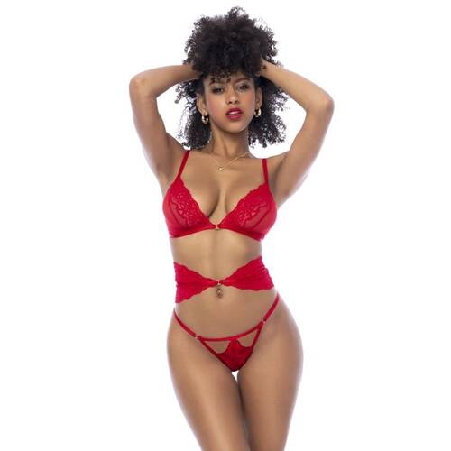 Red 3 Pc Set w/ Bra, Panties and Flexible Corset S/M