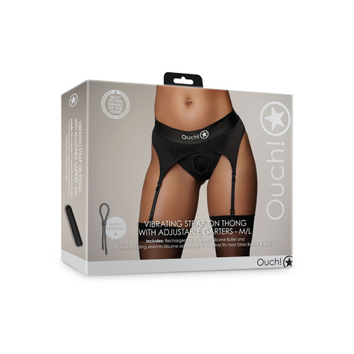 OUCH! Vibrating Strap-On Thong with Adjustable Garters Black Strap-On Harness - NO PROBE INCLUDED
