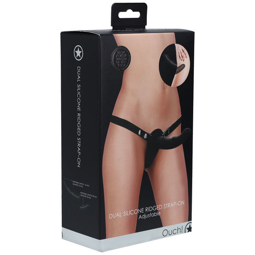 OUCH! Dual Silicone Ridged Strap-On - Black Black Double Ended Strap-On