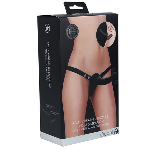 OUCH! Dual Vibrating Silicone Ridged Strap-On - Black Black USB Rechargeable Dual Vibrating Strap-On