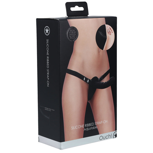 OUCH! Silicone Ribbed Strap-On - Black Black Strap-On