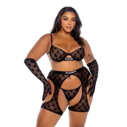 Playboy Flocked Bunny Chaps 3 Pc Set  Black 