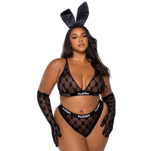 Playboy Flocked Bunny 2 Pc Lingerie Set Black 
