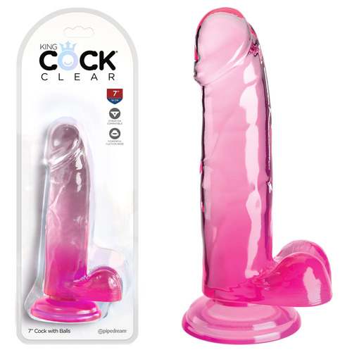 King Cock Clear 7'' Cock with Balls - Pink Pink 17.8 cm Dong