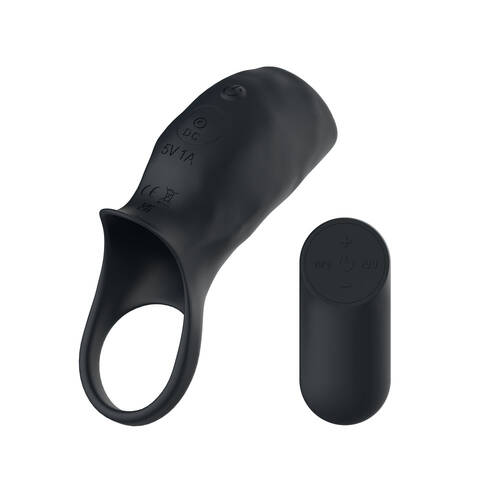 Passion Play Vibrating Cockring Sleeve Black USB Rechargeable Vibrating Penis Sleeve with Wireless Remote