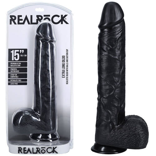 REALROCK 38cm Extra Long Dildo with Balls - Black Black 38 cm (15'') Extra Long Dong