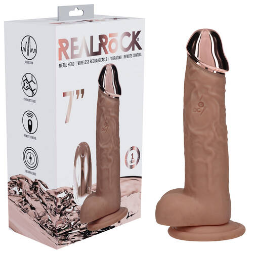 REALROCK Metal Head 7'' Rechargeable Dildo - Tan Tan 19 cm USB Rechargeable Vibrating Dildo with Metal Head and Wireless Remote