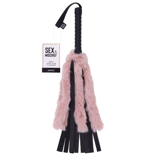 Sex & Mischief Brat Faux Fur Flogger Black 50 cm Whip with Pink Faux Feather