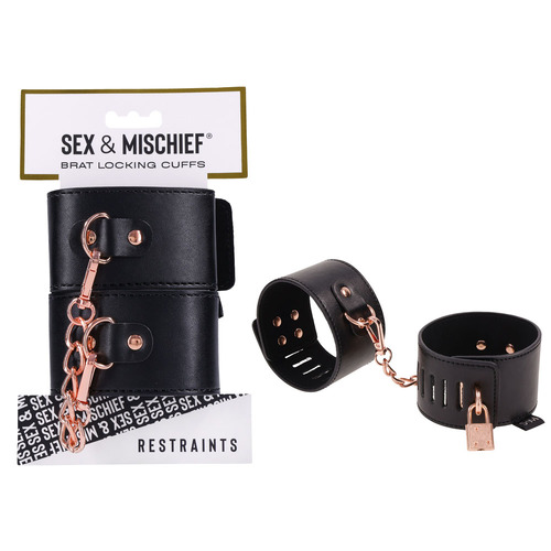 Sex & Mischief Brat Locking Cuffs Black/Rose Gold Hand Cuffs