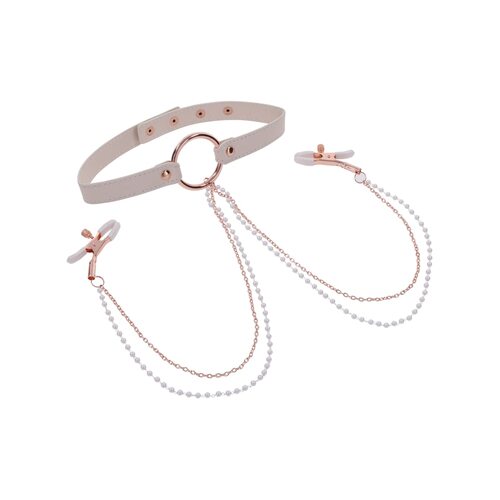 Sex And Mischief Peaches N Creame Collar With Nipple Clamps