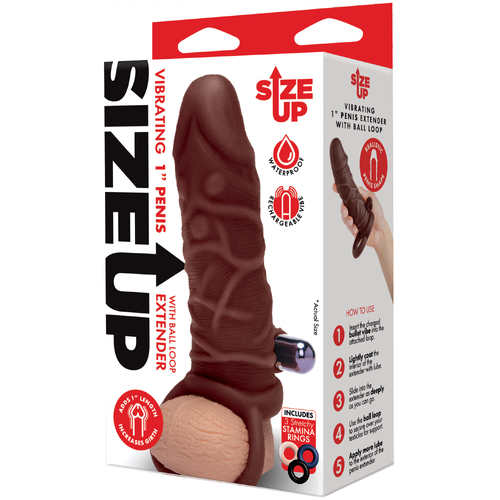 Size Up 1 in. Silicone Vibrating Realistic Penis Extender With Ball Loop - Dark Tan