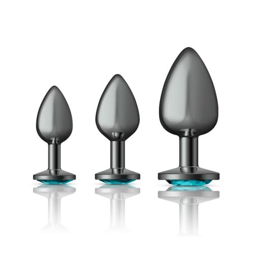 Round Metal Butt Plug Gunmetal 3 Pc Kit w Teal Jewel