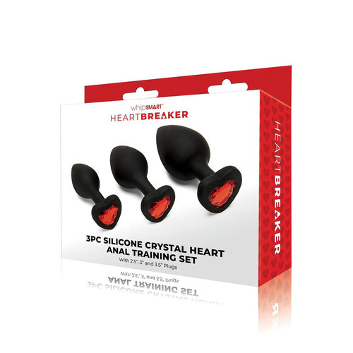 WhipSmart Heartbreaker 3PC Silicone Crystal Heart Anal Training Set Black Butt Plugs with Heart Gem Bases - Set of 3 Sizes
